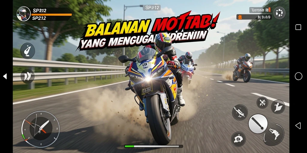Tangkapan layar SP212 yang menampilkan aksi balapan motor yang mendebarkan.